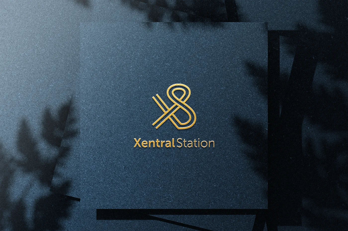 Visitekaartjes met zwarte en witte achtergrond, beide voorzien van het Xentral Station logo en contactgegevens, gericht op zakelijke presentatie 