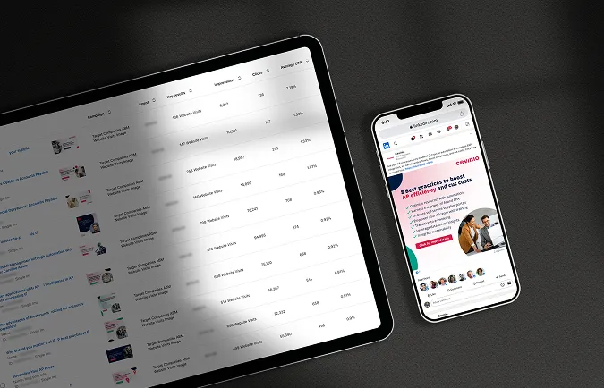 Tablet met een overzicht van online statistieken en een smartphone met een LinkedIn post van Cevinio, beide liggend op een donker oppervlak