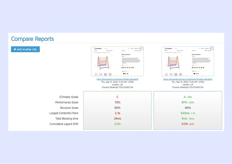 Screenshot van een performance report waarbij de scores bijna perfect zijn.